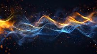 Glowing blue and orange particle wave formation with floating light dots creating dynamic motion effect against dark background. Abstract digital art.