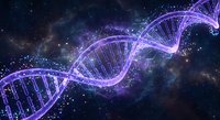 Purple DNA double helix structure floating in cosmic space with stars and nebula background for scientific research and biotechnology concepts.