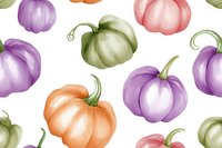 Watercolor pumpkins in pastel purple, orange, pink and sage green create seamless pattern on white background. Seasonal autumn harvest design for fabric and decor.