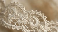 Delicate white lace fabric with intricate floral patterns and scalloped edges, soft focus background for wedding, bridal, vintage fashion design projects.