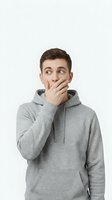 Young man with brown hair and light skin tone, wearing a gray hoodie, covering his mouth with his hand while looking upward with a surprised expression against a white background. Isolated figure suitable for advertising, web design, and marketing materials.