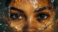 Close-up of intense eyes with water splashes and golden light effects creating dramatic artistic portrait with ethereal atmosphere and emotional depth.