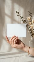 Female hand holding blank white card mockup with eucalyptus branches and dried flowers in soft natural light shadows for branding design.