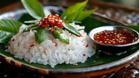 Steamed white rice garnished with fresh herbs and chili flakes served on banana leaf with spicy dipping sauce, traditional Asian cuisine presentation.