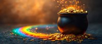 Black pot filled with shining gold coins at end of magical rainbow path against dark mystical background with glowing particles and atmospheric lighting effects.