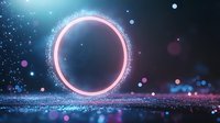 Glowing neon circle with sparkles and bokeh effects on dark background creates mystical atmosphere in purple and blue tones. Abstract futuristic portal design.