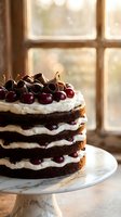 Layered chocolate cake with fresh cherries and cream frosting on marble stand by sunny window for celebrations and special occasions.