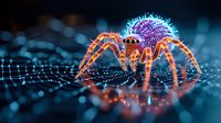 Glowing neon spider on dark web with water drops, macro photography showing detailed arachnid structure in orange and blue colors against black background.