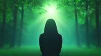 Silhouette of woman standing in mystical green forest with sunbeams breaking through fog and trees creating ethereal atmospheric scene. Spiritual nature concept.