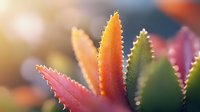 Colorful succulent plant with serrated leaves in vibrant orange, pink and green hues bathed in warm sunlight creating natural bokeh background for gardening concepts.