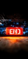 Glowing red end sign with futuristic hexagonal elements and digital artifacts against dark background, dramatic lighting creates mysterious atmosphere for technology concepts.