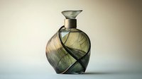 Elegant smoky glass bottle with spiral design and wide neck against neutral background, featuring translucent swirling pattern catching subtle light.