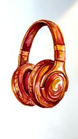 Over-ear headphones with warm red and golden yellow tones, featuring decorative spiral patterns. Suitable for music, audio equipment, and entertainment industry marketing materials.