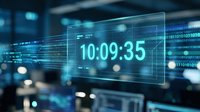 Futuristic digital clock display showing time 10:09:35 with glowing blue holographic interface and binary code data streams in modern technology environment.