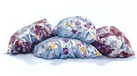 Watercolor pillows with floral pattern in blue and purple shades on white background, cozy home decor elements arranged in casual composition, isolated design element.