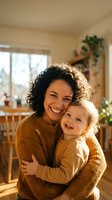 Happy mixed-race mother embracing blonde toddler daughter in warm sunlit home interior with cozy autumn sweaters and genuine smiles of love and connection.