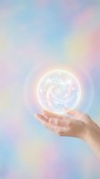 Hand holding glowing white energy spiral orb against soft pastel rainbow gradient background for wellness meditation and spiritual healing concepts.