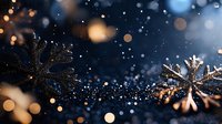 Elegant black and gold snowflakes with sparkling glitter on dark blue background with warm bokeh lights for winter holiday celebrations and festive decorations.