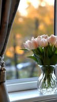 Fresh pink tulips in crystal vase on windowsill with elegant curtain tassel and warm autumn bokeh background through window, creating cozy home atmosphere.