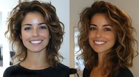 Young woman with wavy brunette hair and bright smile showing before and after professional styling transformation for beauty salon portfolio.