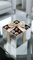 Luxury chocolate assortment in white gift box with beige ribbon bow, featuring gold and brown truffles, displayed on glass table in modern interior setting.