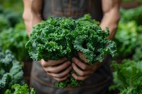 Fresh organic kale bunch held by farmer in brown apron, showing harvested leafy greens against blurred garden background. Sustainable agriculture concept.