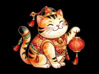 Cute lucky cat in traditional festive outfit holding a red lantern, isolated on transparent background. Great for stickers, t-shirt design, print on demand, and clipart.