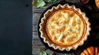 Freshly baked pumpkin pie with flaky homemade crust on rustic wooden background, decorated with autumn leaves and mini pumpkins, overhead view.