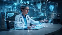 Female doctor in white coat using futuristic holographic medical interface with digital health data displays and advanced healthcare technology in modern laboratory.