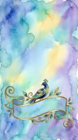 Watercolor gradient background in soft blue, green, yellow, and purple tones with ornamental gold peacock and decorative ribbon banner. Suitable for greeting cards, invitations, and artistic designs.