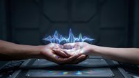 Two hands reaching toward each other with glowing blue digital heartbeat pulse waves floating above palms against dark technological background for healthcare concepts.