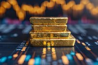 Stack of gold bars on financial chart background with stock market data and glowing trading graph, perfect for investment and wealth management concepts.