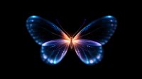 Luminous blue butterfly with glowing wings and magical sparkles on black background, radiating light from center. Ethereal nature artwork for spiritual and decorative designs.