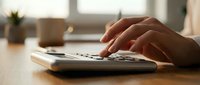Professional accountant calculating finances on calculator at modern office desk with warm natural lighting for business planning.