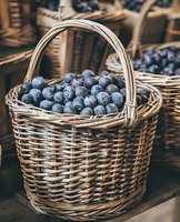 Fresh ripe blueberries in traditional woven wicker basket, close-up view showing natural organic harvest with rustic farmhouse styling.