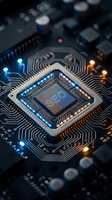 Computer processor chip with SEO text on circuit board with glowing blue and orange lights for technology and digital marketing concepts.