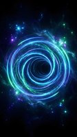 Cosmic spiral wormhole with glowing blue and green energy rings in deep space nebula with bright stars for science fiction and fantasy concepts.