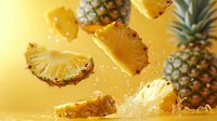 Sliced pineapple pieces suspended in mid-air with water droplets against a bright yellow background, suitable for food and beverage advertising, juice packaging, tropical fruit promotions, and culinary content.