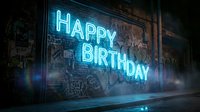 Glowing cyan neon sign displaying Happy Birthday text mounted on weathered brick wall in dark urban setting, suitable for party invitations and event promotions.