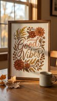 Framed Good Vibes motivational print with autumn floral design on wooden table near window. Cozy home decor for seasonal inspiration and positive energy.