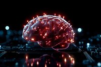 Glowing red brain model on circuit board with neural connections illuminated against dark background, representing artificial intelligence and machine learning.