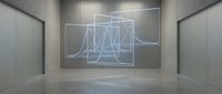 Modern gallery space with neon wireframe statistical graphs and data visualization on wall display, suitable for tech, analytics, business presentations, and contemporary art installations.