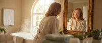 Middle-aged Caucasian woman in bathrobe looking at mirror reflection in luxury bathroom with bathtub and natural light for wellness and self-care routine.