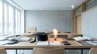 Modern minimalist conference room with wooden table, beige chairs and large windows for corporate meetings and business presentations.