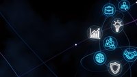 Digital network with glowing business icons connected by lines on dark background for technology presentations and corporate communications.