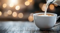 Pouring cream into coffee cup on rustic wooden table with soft bokeh lights in background creates cozy morning atmosphere for cafe and lifestyle designs.
