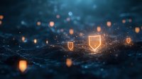 Glowing shield icons floating over dark textured surface with magical particles and bokeh lights creating mystical cybersecurity concept atmosphere.