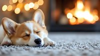 Sleeping Welsh Corgi puppy on carpet with warm fireplace and bokeh lights in background creating cozy atmosphere for winter holiday season and home comfort.