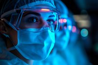 Close up portrait of medical professional wearing protective face mask, safety goggles and cap in dramatic blue lighting with bokeh effect in background.