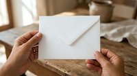 Hands holding blank white envelope on wooden table with warm natural light, suitable for mail, correspondence, invitation, and business communication concepts.